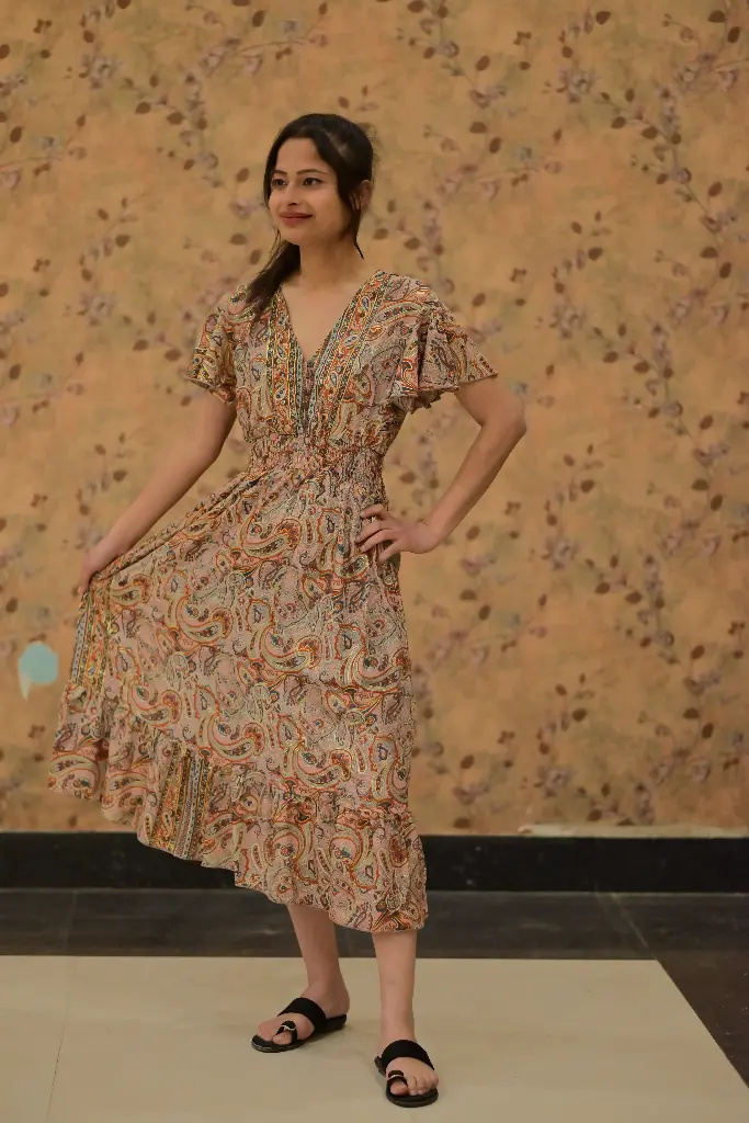 Rustic Paisley Ruffle Midi Dress